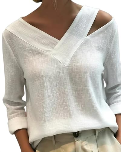 AUMORA Women's Off-The-Shoulder V-Neck T-Shirt Stylish Long Sleeve Regular Fit