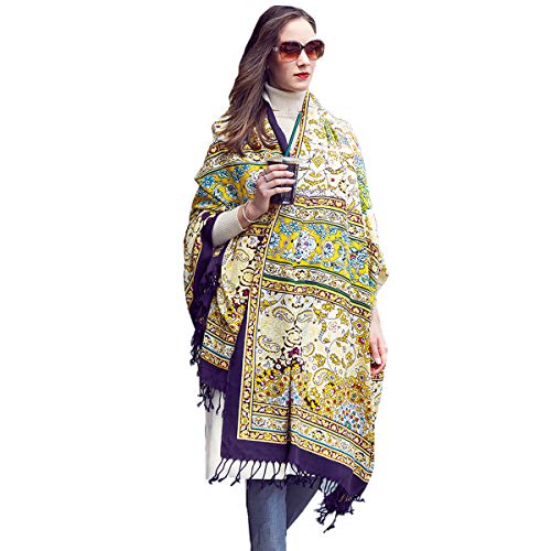 DANA XU 100% Pure Wool Women Winter Large Scarf Pashmina (Black) (Yellow Flower)
