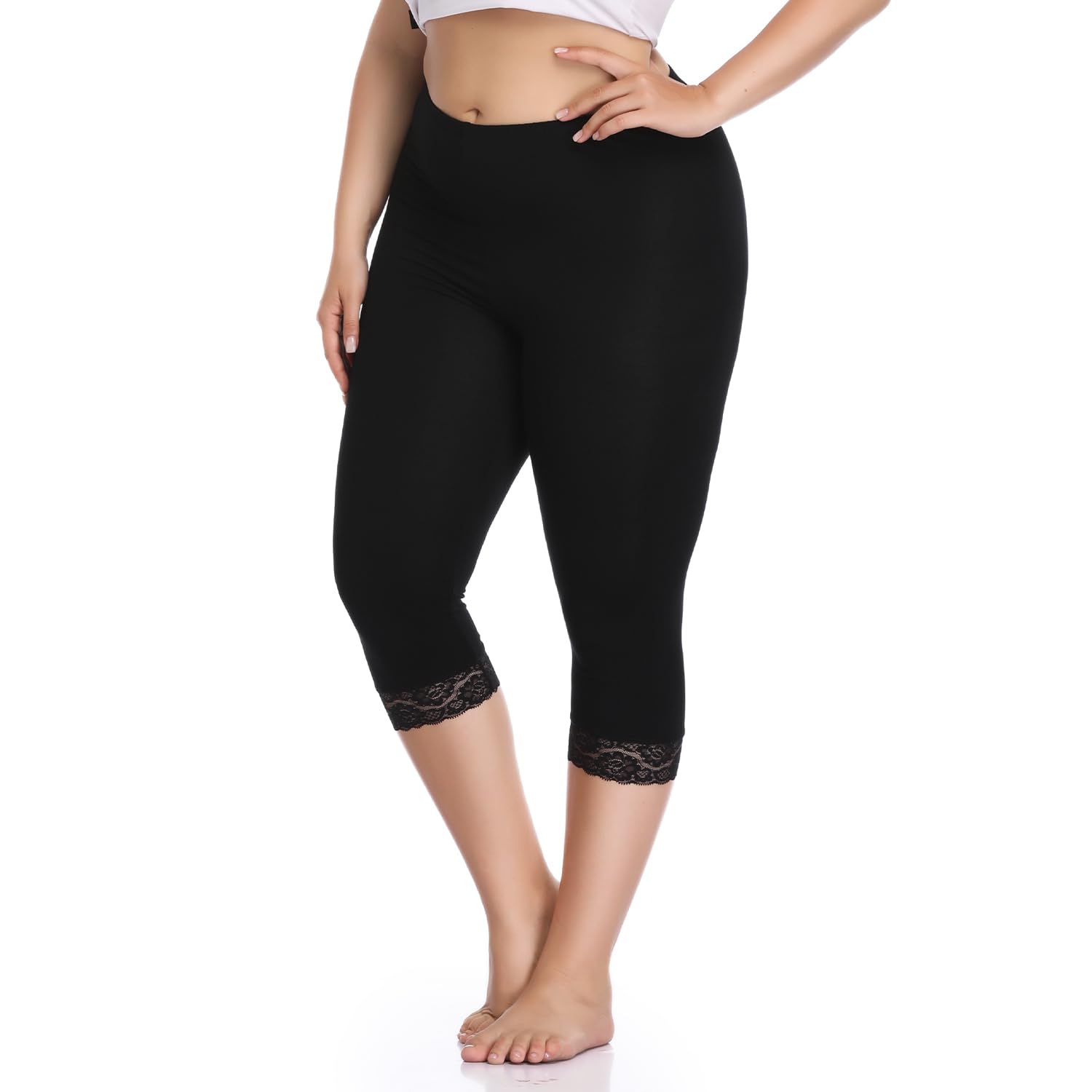 Damen Capri 3/4 Leggings High Waist Leggins Blickdicht Sporthose Sexy Bauchweg Gymnastikhose Übergröße Mit Spitze Sommer Für Yoga Gym Freizeit