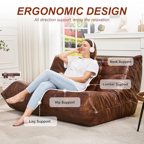 Hobestluk Bean Bag Chair Giant Bean Bag Sofa 2 Seater Bean Bag Chairs for Adults, Loveseat Floor Chair, Leather Bean Bag Chairs for Living Room Bedroom Dorm (Brown, Loveseat)