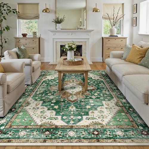 Green Area Rug 6x9 Vintage Distressed Washable Office Indoor Living Room Large Non Slip Traditional Carpet Throw Kitchen Western Medallion Retro Accent Rug Low Pile Bedroom Dining Room