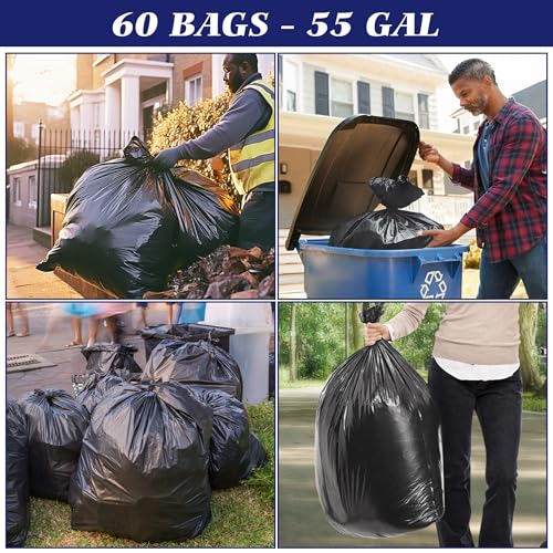 Image of Teivio 55-60 Gallon Black Trash Bags 60 Bags Extra Large Garbage Bags - 39 inch x 53 inch | Fit 45,49,50,55,60 gal Lawn And Leaf Bags Multi-Use Commercial | Outdoor Yard Waste Bag | Workshops Trash Bin Liner