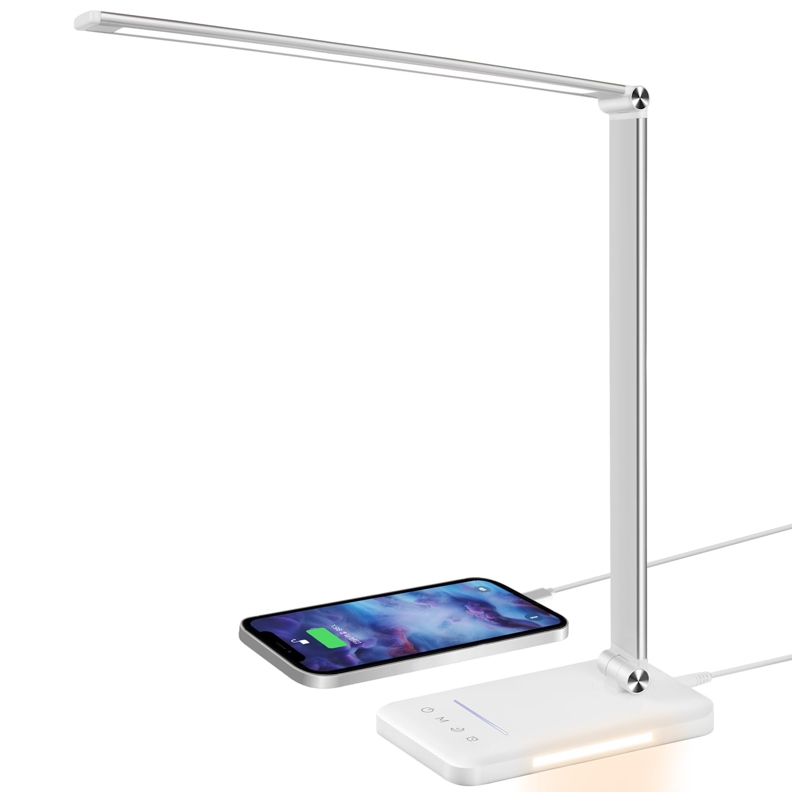 BIENSER Lámpara de Escritorio, 560LM Lámpara de Mesa con 5 Colores y 10 Niveles de Brillo, Regulable, Protección para los Ojos, Luz Nocturna, Puerto USB, Función de Memoria, 30 Min Timer, 6000K, 10W