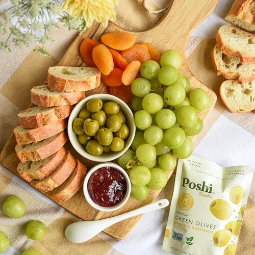 Image of Poshi Green Pitted Olives | Lemon & Rosemary | Vegan, Kosher, Gluten Free + Keto Friendly, Fresh, All Natural Low Calorie Healthy Snacks | (30 Pack, 1.1oz Bags)