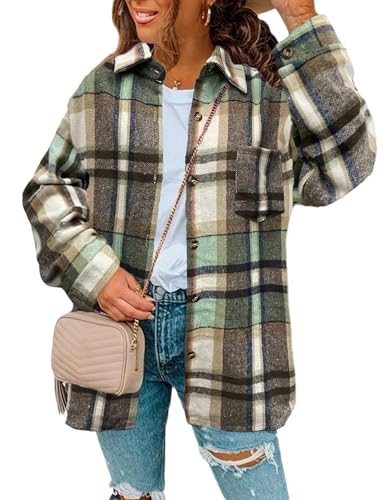 Zeagoo Womens Flannel Shacket Jackets Casual Button Down Long Sleeve Shirt Fall Tops Winter Outfits Coats Green