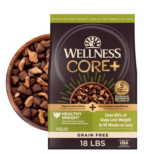 Image of Wellness CORE+ Healthy Weight Adult Dry Dog Food with Freeze Dried Pieces, Grain Free Kibble+, Natural, High Protein, Turkey and Chicken Recipe, 18 lb Bag