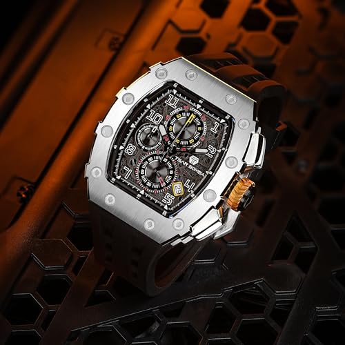 Image of TSAR BOMBA Mens Luxury Watch Watches for Men 50M Waterproof Japanese Quartz Movement Tonneau Stainless Steel Case Sapphire Glass with Chronograph Date Function Cool Unique Fashion Gift