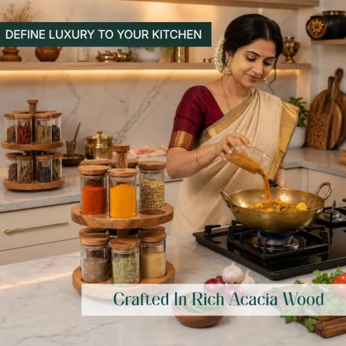 Image of Masara Rotating Spice Rack with 12 Glass Jars & Airtight Acacia Wood Lids | 360 Wooden Masala Stand Organizer | 240ml Jars | Kitchen Spice Storage Carousel | 10 x 10 x 14.5 Inches