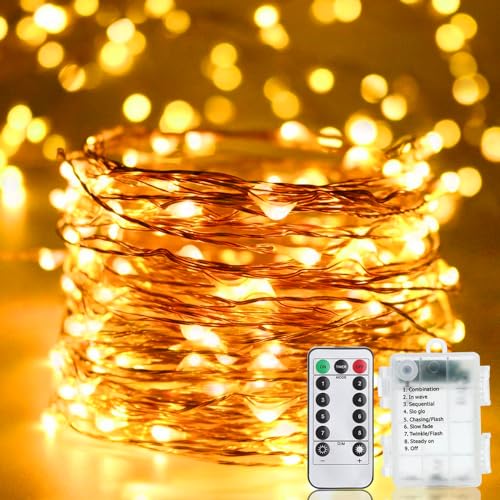 Luci Albero di Natale a Batteria, 20M 200 LED Filo di Rame Luci Catena Luminosa da Esterno Interno con Telecomando 8 modalità ed Timer Decorazione per Festa,Halloween,Giardino,Matrimonio,Bianco caldo