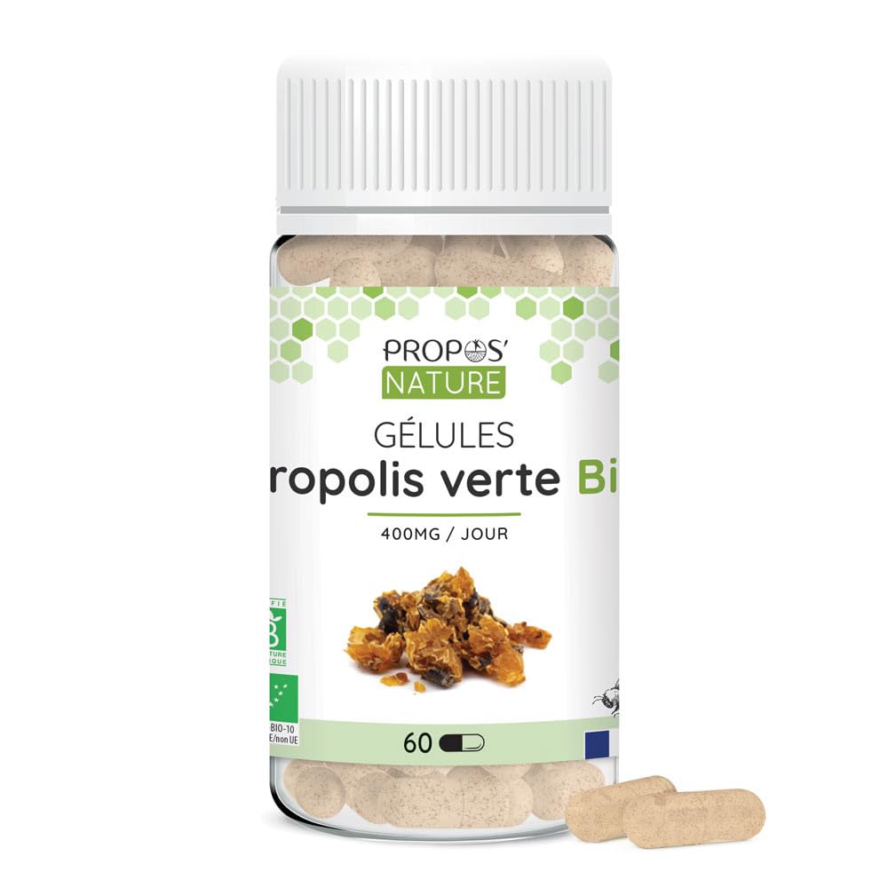 Gélules Végétale Propolis Verte Bio - enveloppe végétale - Dosées à 100mg/gélule - 60 gélules - Sans colorant ni conservateur - Certifiées bio - Agriculture Biologique - PROPOS'NATURE