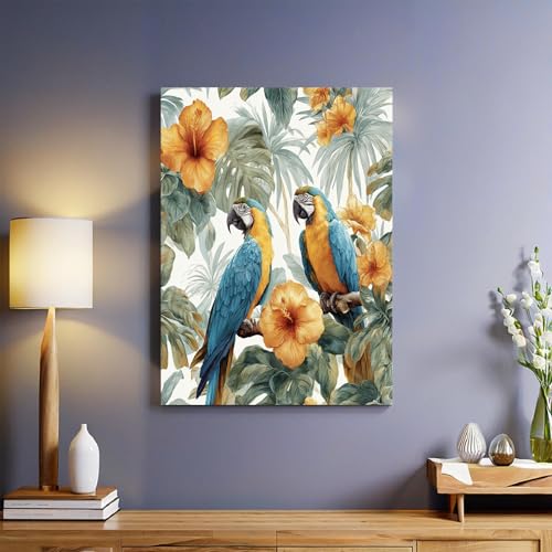 Style Aquarelle Art mural Plantes tropicales et perroquets Impression sur toile 50x40 cm Tableau décoratif moderne avec cadre bois solide Idéal pour salon...