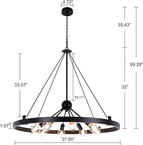 Miniatura 2 de Wellmet Lámpara de araña de granja de 38 pulgadas de diámetro, lámpara grande con rueda de carro, para comedor, acabado de metal rústico con 8 luces