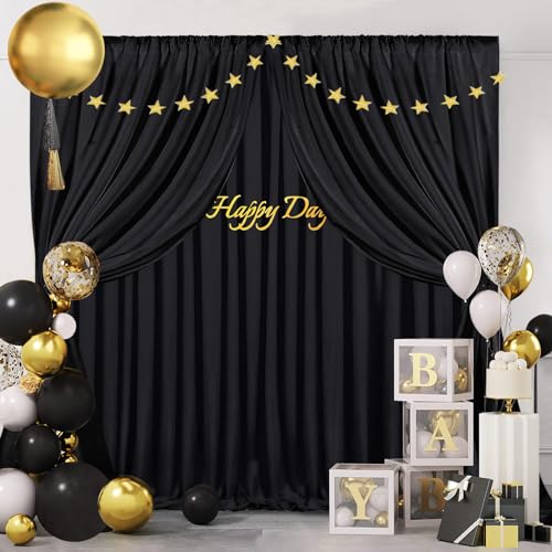 Image of Black Backdrop Curtains 20x10 FT Polyester Photo Backdrop Drapes for Wedding Birthday Party Background Decoration 4 Panels 5ft x 10ft
