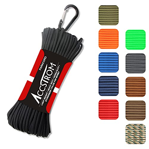 ACCSTROM 650lb Paracord Parachute Cord, Mil-Spec Type III, Nylon Paracord for Paracord Bracelet, Paracord Keychain, 50feet, 100Feet. (Black, 100ft)