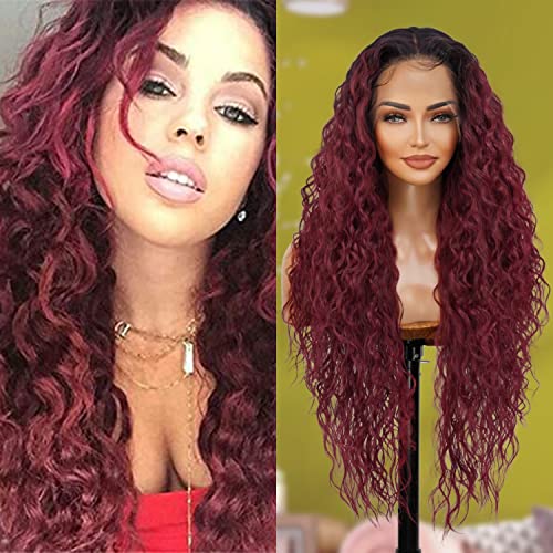 GLAM21USA HD Lace Front Wig Deep Wave 13X6 Glueless Invisible Transparent Lace Frontal Wigs Preplucked Human Hair Blend Long Swiss-lace Heat Friendly Synthetic Wig - Isis (OET1B/BURG)