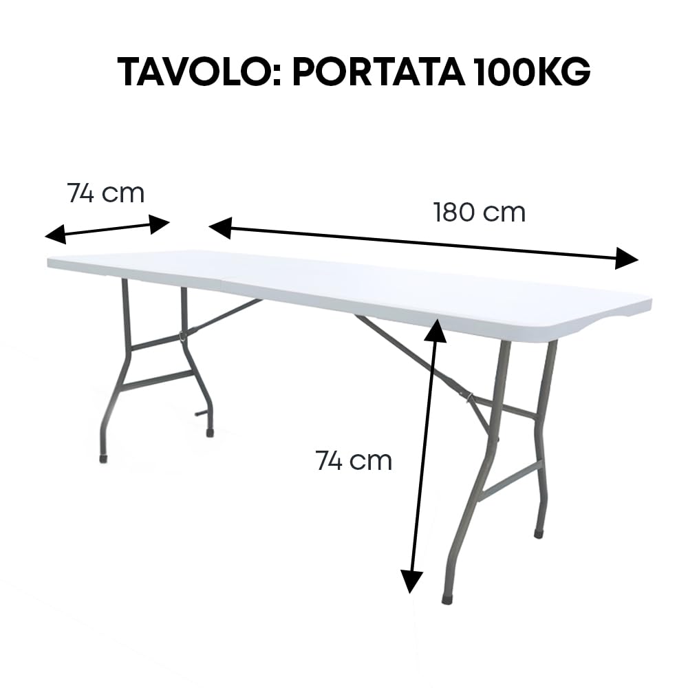 IlGruppone Tavolo Pieghevole Bianco Richiudibile Tavolino Pic Nic Esterno Salvaspazio Camping Terrazzo CamperStruttura In Acciaio Per Feste Giardino Campeggio Vacanze Lunghezza 180 Cm