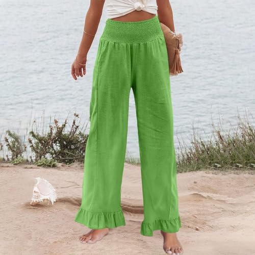 Image of Palazzo Pants for Women Linen Smocked Elastic Waist Ruffle Wide Leg Pants Summer Beach Flowy Boho Pant with Pockets