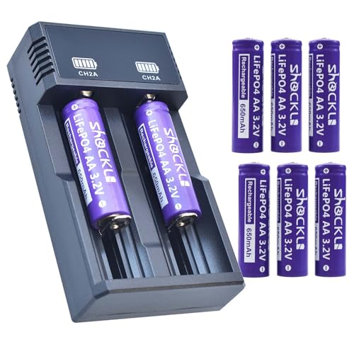funkawa (8-Pack) Shockli AA 3.2V 650mAh LiFePO4 Rechargeable Solar Battery with Charger, AA 3.2 Volt Lithium Iron Phosphate Battery for Outdoor Solar Lights