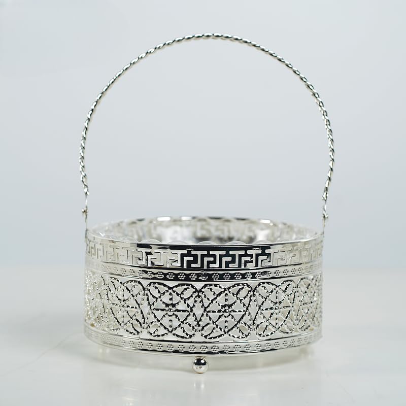 Dora Gifting Luxury Metal Round Decorative Basket Bowl with Handle Perfect for Home and Office Tableware Decoration Serving, Wedding Gift, Color - Silver