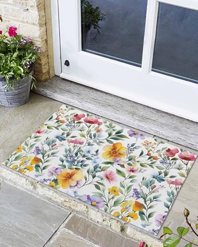 Front Door Mat Outside Entrance, Retro Flower Outdoor Indoor Door Mats for Entryway, Green Eucalyptus Colorful Floral Painting Low Profile Welcome Mat Entry Doormats for Kitchen/Bathroom 18x30 in