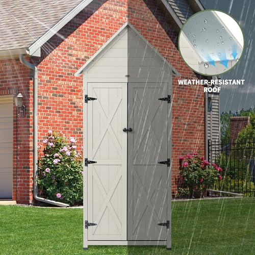 Outdoor-Storage-Shed-with-Adjustable-Shelves-Wooden-Vertical-Tool-Cabinet-Weatherproof-Roof-for-Garden-Patio-Backyard-Pool-32Wx17Dx71H Outdoor Storage Shed with Adjustable Shelves Wooden Vertical Tool Cabinet Weatherproof Roof for Garden Patio Backyard Pool 32Wx17Dx71H