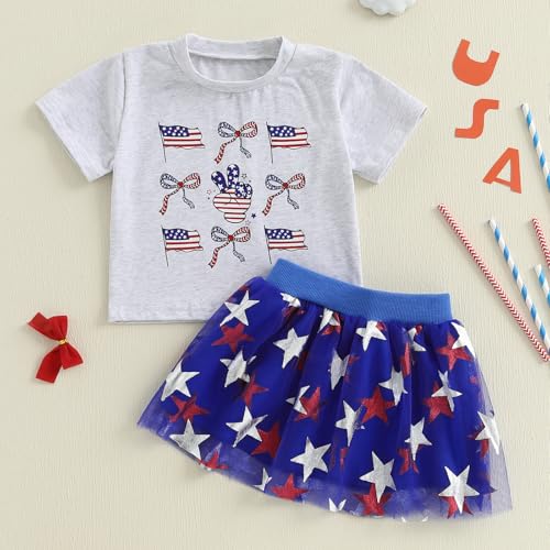 Image of Kayotuas Toddler Baby Girl 4th of July Outfit American Flag Shirt Red Blue Stars Tulle Tutu Skirts Kids Fourth of July Dress