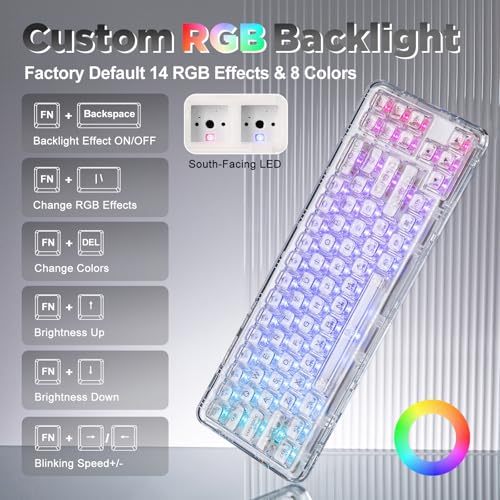 Image of YUNZII X71 Wireless Hot Swappable Transparent Mechanical Keyboard with Clear Keycaps, 68% Layout, BT5.0 /2.4G /USB-C Gasket Mount Wireless RGB Backlit for Windows /Mac(Crystal Ice Switch,White)