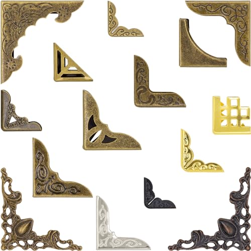 60PCS Metal Book Corner Protector Bronze Metal Book Corner Vintage Antique Book Scrapbooking Corner Protector for Desk Jewelry Case Box Book Scrapbooking Albums Menus Triangle Carved 15 Styles