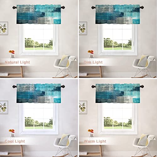 Shrahala Turquoise Grey Abstract Art Kitchen Valances, Modern Teal Orange Hand Painted Half Window Curtain Window Treatment Multilayer Polyester Blackout For Living Room Bathroom 2 Pack 52 X 18 In #TOP5