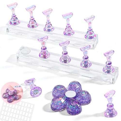 Ptwola 2 Set Nail Stand Press on Magnetic Nail Holder Kit Acrylic Fake Nails Art Display Stand Flower Practice Stands Design Tools for DIY Painting Nails Hand Salons Homes Professional Techs Supplies