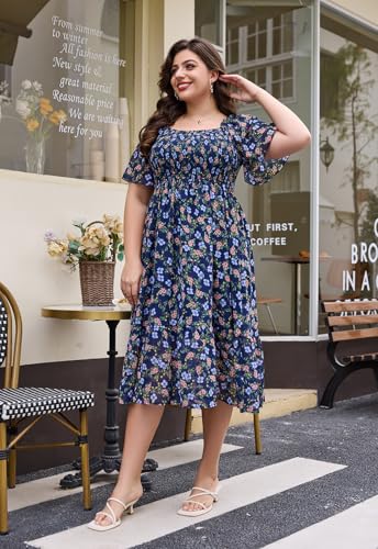 Image of Keluummi Plus Size Wedding Guest Maxi Dresses for Curvy Women, Summer Casual Boho Floral Smocked Empire Waist A Line Sundress