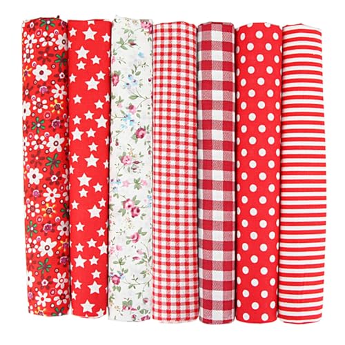 Yuiturt Lot de 7 tissus en coton - 50 x 50 cm - Rouge - Pour patchwork, couture, matelassage et bricolage - Restes de tissu pour couture - Différents motifs - Tissu rouge