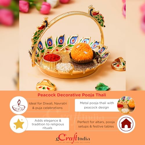 Image of eCraftIndia Peacock Decorative Pooja Thali for Diwali, Navratri, Karwa Chauth, and Puja Celebrations - Diwali Decoration Items for Home Decor