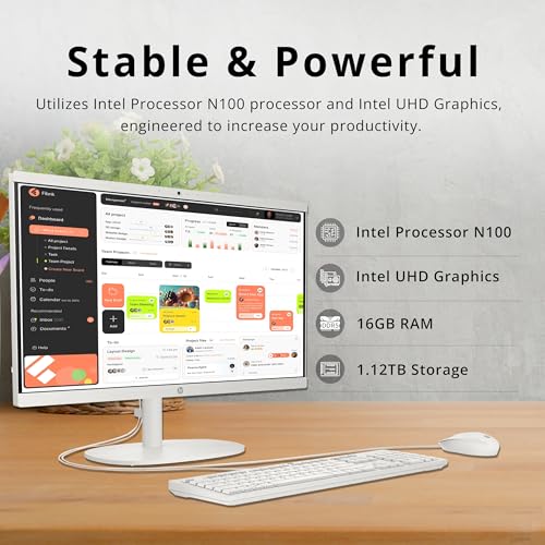 Image of HP 21.5 inch FHD All-in-One Desktop, Intel Processor N100, 16GB DDR5, 1.12TB Storage (128GB UFS+1TB Docking Station), UHD Graphics, 720p Webcam, Wi-Fi 6, Wired Keyboard & Mouse, Win 11, White