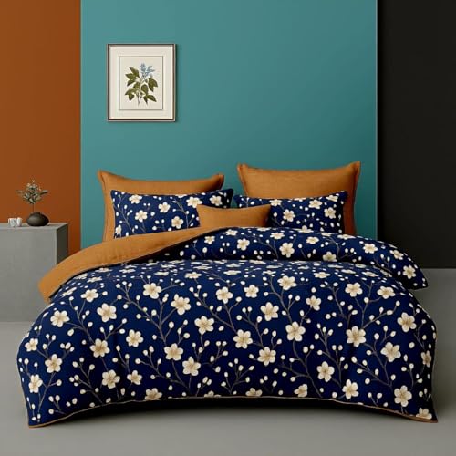 Image of Bedding Set Combo of Double Bed Duvet Cover Set with Fitted Bedsheet & 2 Pillow Covers | 300 TC Cotton Fabric | Zipper Closure |All Round Elastic|Warm Stuff|SED 035|Dark Blue Petals | Breathable material