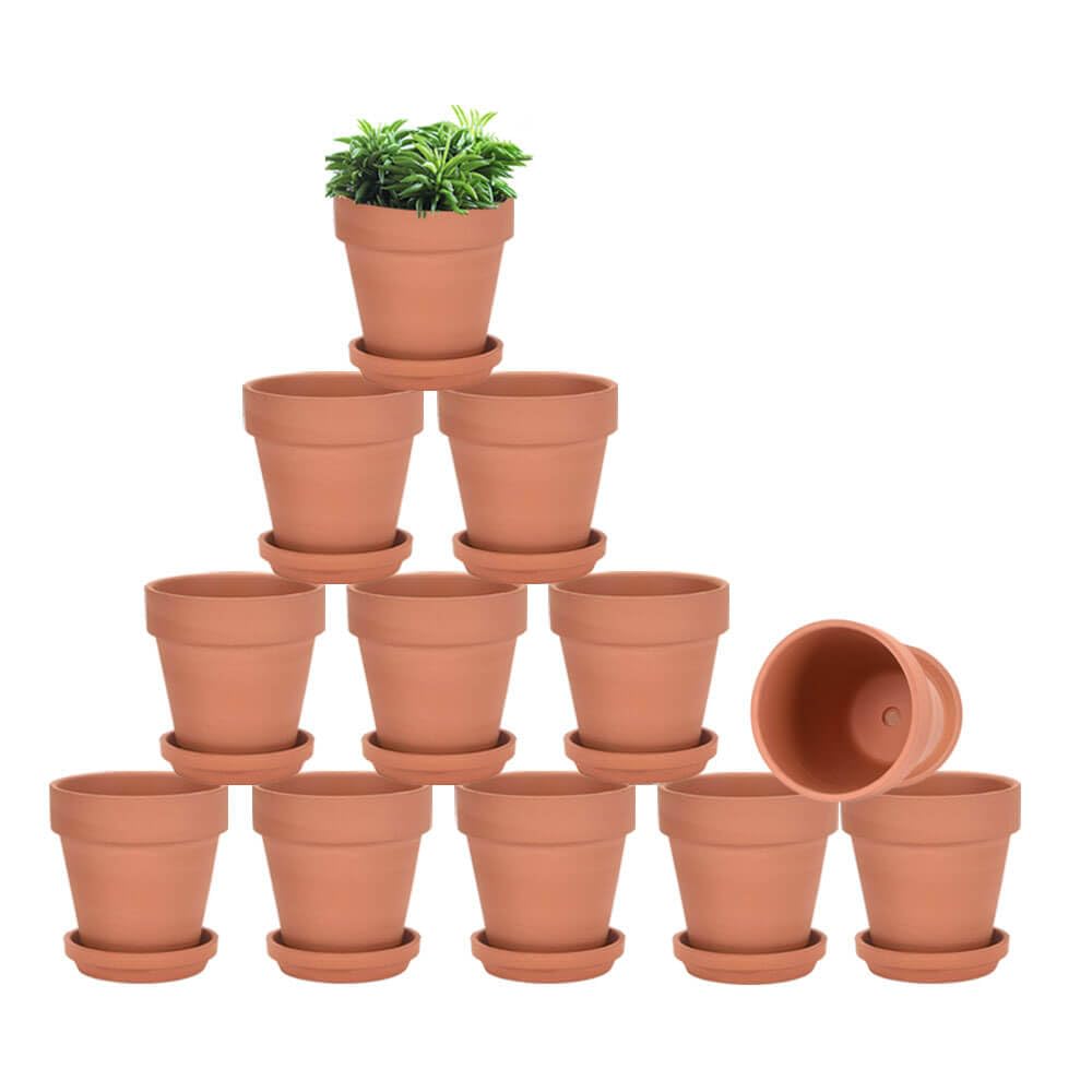 Lot de 12 Pots en Terre Cuite avec Soucoupe - 7,6 cm - Pots en Argile - Pots de Fleurs en céramique - Pots de Fleurs succulentes - Parfaits pour Les Plantes, Les travaux manuels