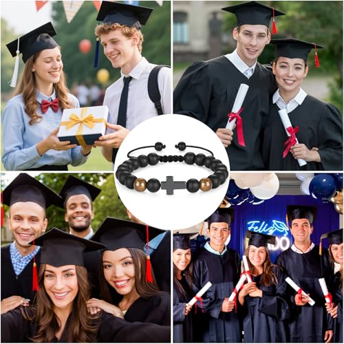 Pulsera de comunión para niño con cruz de cuentas negras y diseño elástico ajustable 5