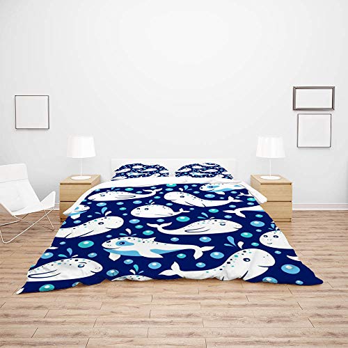 Housse de couette baleines bleu douce pour peau sensible avec ses 2 taies