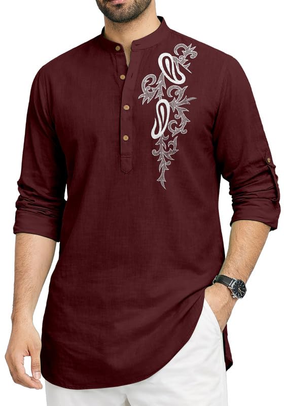 Image of Cotton Blend Self Design Printed Casual Short Kurta for Men Long Sleeve Mandarin Collar Stylish Kurta Shirt for Men
