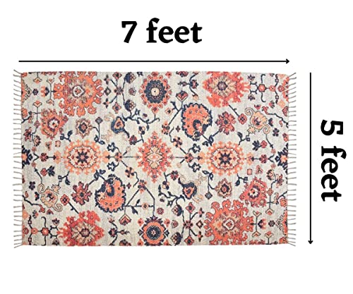 Image of HOMADORN Handmade Sustainable Printed Modern Dhurrie /Rugs /Carpet upcycled from Scrap Fabric for Living Room /Bedside Runner for Enhanced Decor (5x7 feet)
