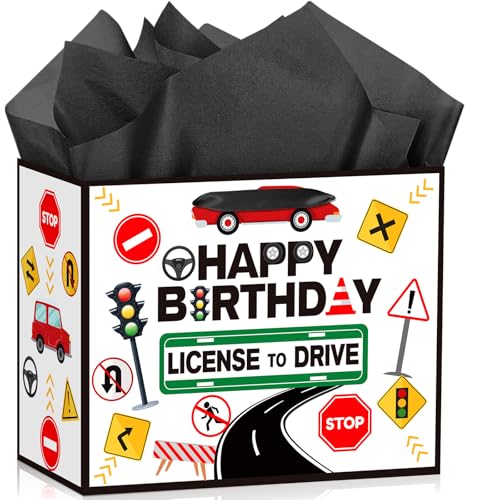 Driver License Birthday Gift Bag License To Drive Gift Bag with Card and Wrapping Paper New Driver Gift Wrapping Bags for Boys 16th Birthday Racing Car Party Learner Driving Party Supplies