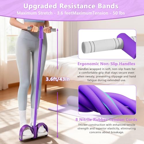 Image of Pedal Resistance Band with Handle, 8-Tubes Multifunction Pedal Resistance Band, Natural Rubber Foot Pedal Resistance Band, Exercise Bands with Handles for Abdomen, Waist, Arm, Leg, Purple