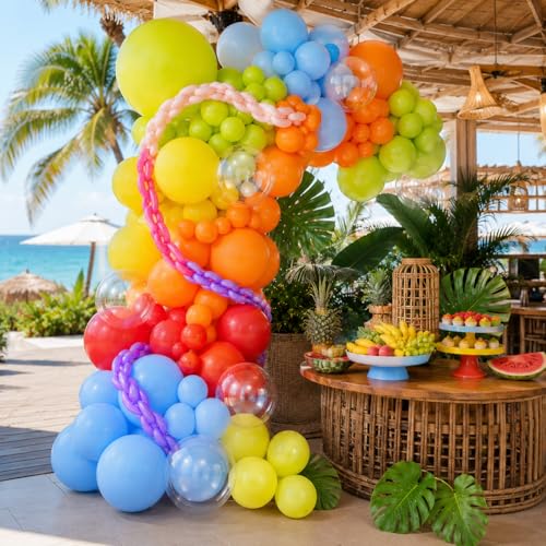 Image of Neon Balloons Arch Garland Kit, 138PCS Rainbow Pool Party Balloon with Red Orange Green Blue Latex Balloons for Kids Luau Hawaii Summer Beach Baby Shower Graduation Birthday Party Decorations Supplies