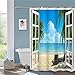 JOOCAR Design Shower Curtain, Palm Tree Decor Ocean Beach Seascape Through White Wooden Windows Summer Scene Tropical Island Blue Green, Waterproof Cloth Fabric Bathroom Decor Set with Hooks JOOCAR Design Shower Curtain, Palm Tree Decor Ocean Beach Seascape Through White Wooden Windows Summer Scene Tropical Island Blue Green, Waterproof Cloth Fabric Bathroom Decor Set with Hooks