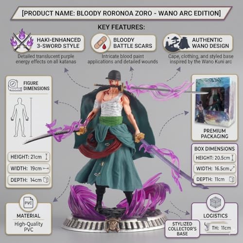 Image of Zoro Three Sword Style Action Figure 21CM Anime Collectible PVC Statue with Energy Effect Swords, Battle Pose Display Model for Desk Decor, Anime Fans & Collectors (Zoro Purple)