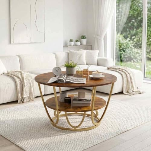 Image of EDEUEQUE Round Coffee Table Modern Sofa Side Table for Living Room End Table Telephone Table with 1 Shelf Storage Wooden Tabletop-Marble Print with Metal Frame (Golden Brown)