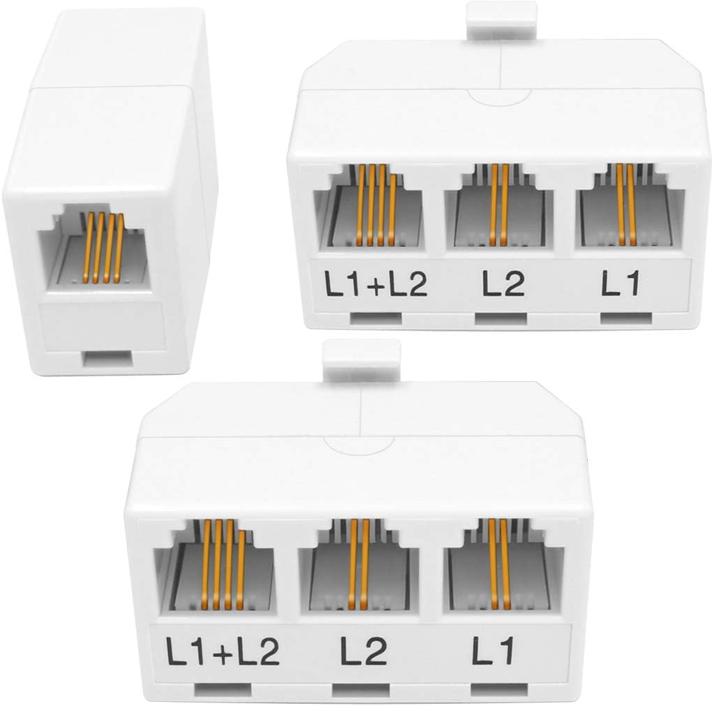 NECABLES 2+1Pack 2pcs Phone Jack Splitter 2 Line Adapter RJ11 1 Male to 3 Females (L1, L2, L1+L2) and 1pc Telephone Line Coupler White