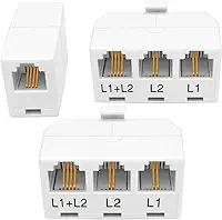NECABLES 2 + 1 pacote, 2 peças, divisor de tomada de telefone, adaptador de 2 linhas, 1 macho para 3 fêmeas (L1, L2, L1+L2) e 1 acoplador de linha telefônica branco