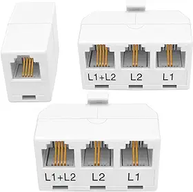 NECABLES 2 + 1 pacote, 2 peças, divisor de tomada de telefone, adaptador de 2 linhas, 1 macho para 3 fêmeas (L1, L2, L1+L2) e 1 acoplador de linha telefônica branco