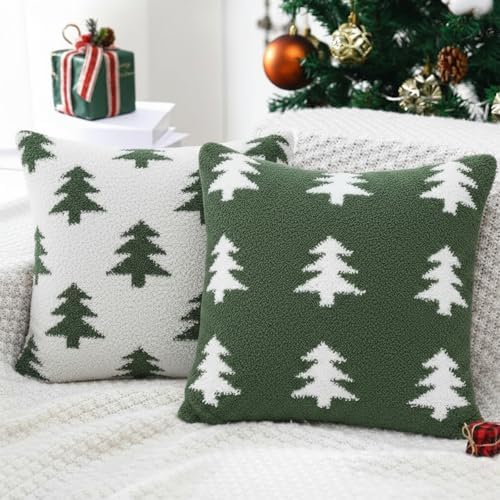 Green White Christmas Decorative Pillow Covers 18x18 Set of 2 Mic...